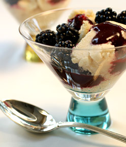 Lemon Soy Pudding Cake with Blackberry Sauce