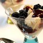 Lemon Soy Pudding Cake with Blackberry Sauce